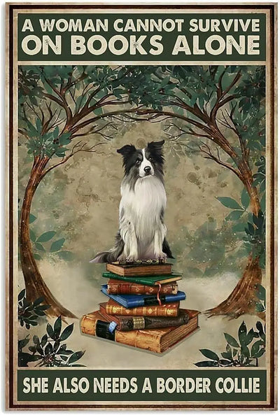 Metal Tin Retro Sign Woman Love Border Collie Dog And Book Home Poster Thanksgiving 8x12 inch