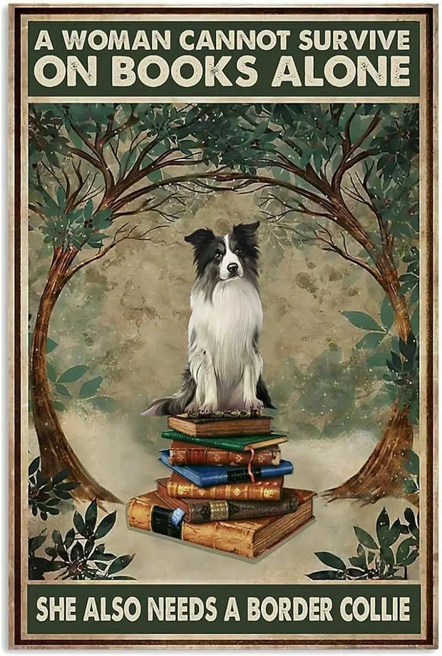 Metal Tin Retro Sign Woman Love Border Collie Dog And Book Home Poster Thanksgiving 8x12 inch